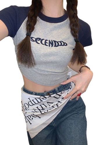 Embroidered short-sleeved T-shirt women's summer design niche slim sweet hottie navel-baring short t-shirt top ins trend