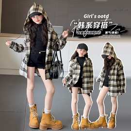 女童格子衬衫春秋款2025新款女大童韩系长袖上衣学生早秋百搭外套