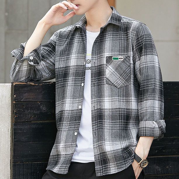 秋季新款港风ins格子衬衫男士长袖韩版潮流帅气外套情侣休闲衬衣