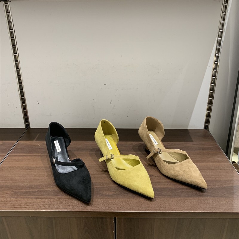 Spring and Autumn New Style Pointed Toe Side-Cut Slip-On Stiletto Heels for Women with a Single Buckle, Suitable for Commuting, Elegant, Slimming, and Fashionable High Heels