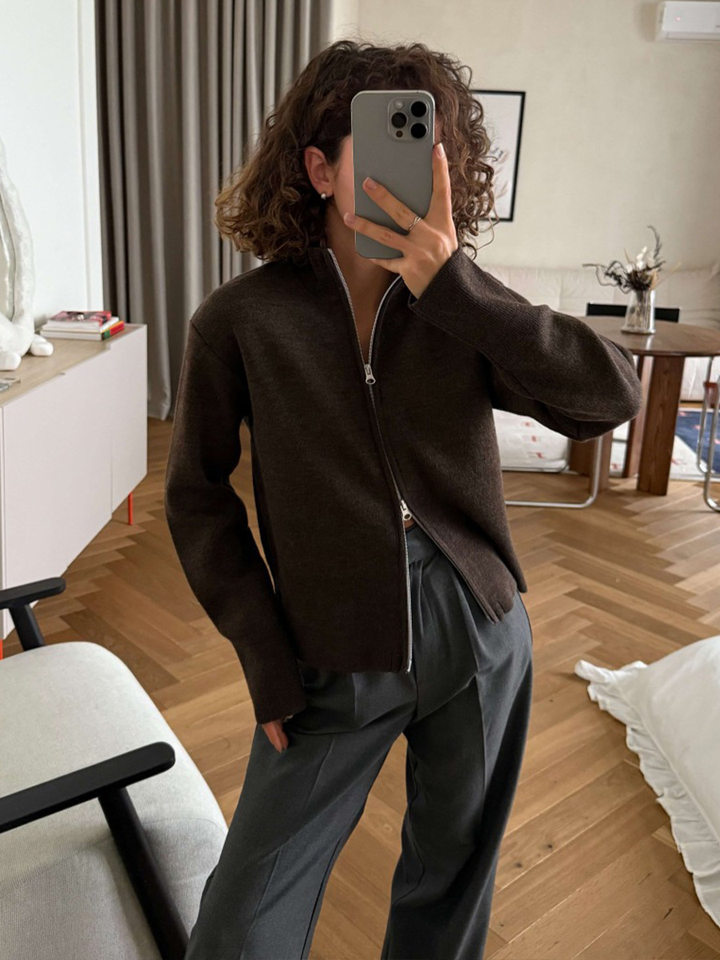 Áo khoác cardigan len dệt kim cổ đứng khóa kéo hai chiều dài tay — Màu nâu cà phê, Màu trắng, màu đen, màu đỏ chi tiết 23