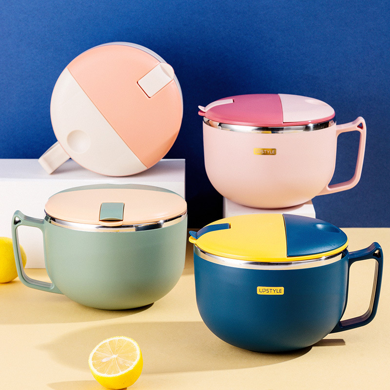 304 de acero inoxidable estilo japonés drenando tazón de fideos instantáneos dormitorio de estudiantes taza de fideos instantáneos lonchera de gran capacidad con tapa lonchera