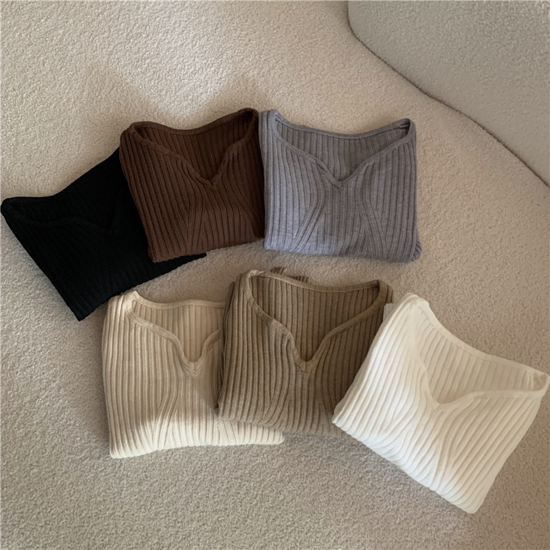 플러스 사이즈 블랙 기모 베이스 셔츠 여성의 겨울 두꺼운 니트 스웨터 봄과 가을 V-NECK 슬림-안쪽 탑