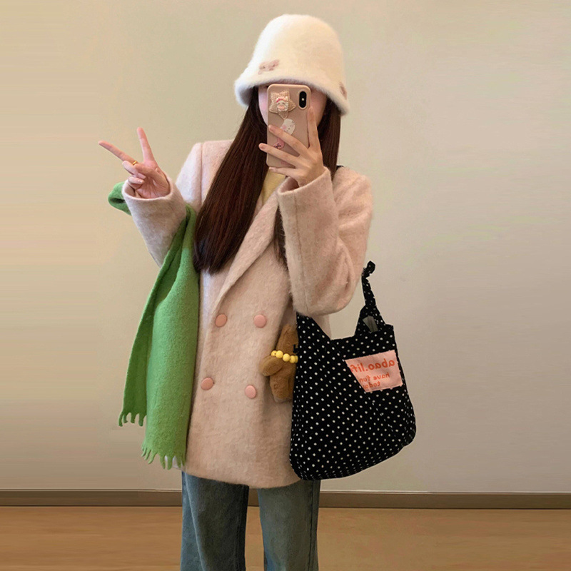 粉色西装毛呢外套女秋冬季2024新款高级感小个子短款呢子大衣韩系