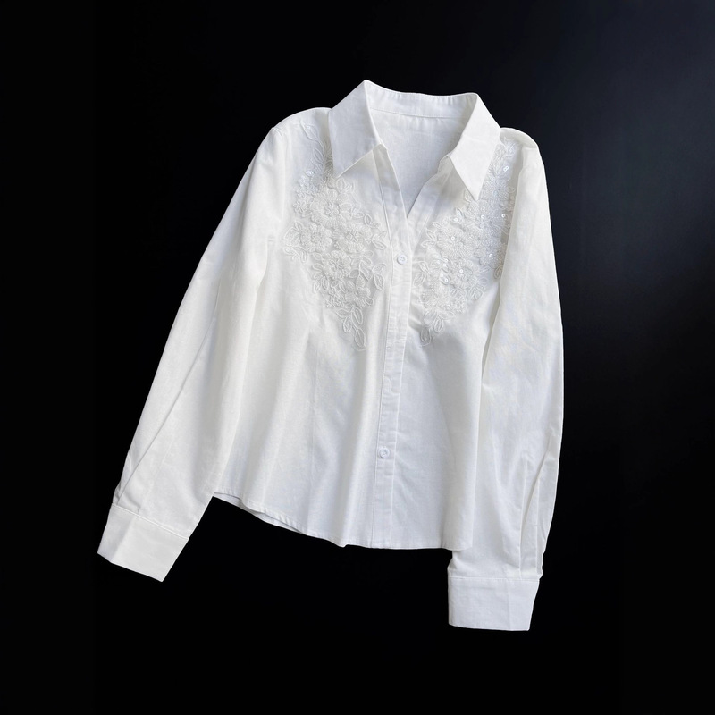 Stunning and Elegant Commuter Heavy Sequin Shirt for Women, Long-Sleeve Beaded Slimming White Shirt, New Autumn Style