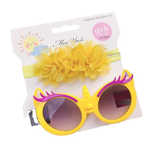 Children's hairband sunglasses set, sunglasses and belt combination, cartoon style sunshade glasses, solid color chiffon flower hair accessories