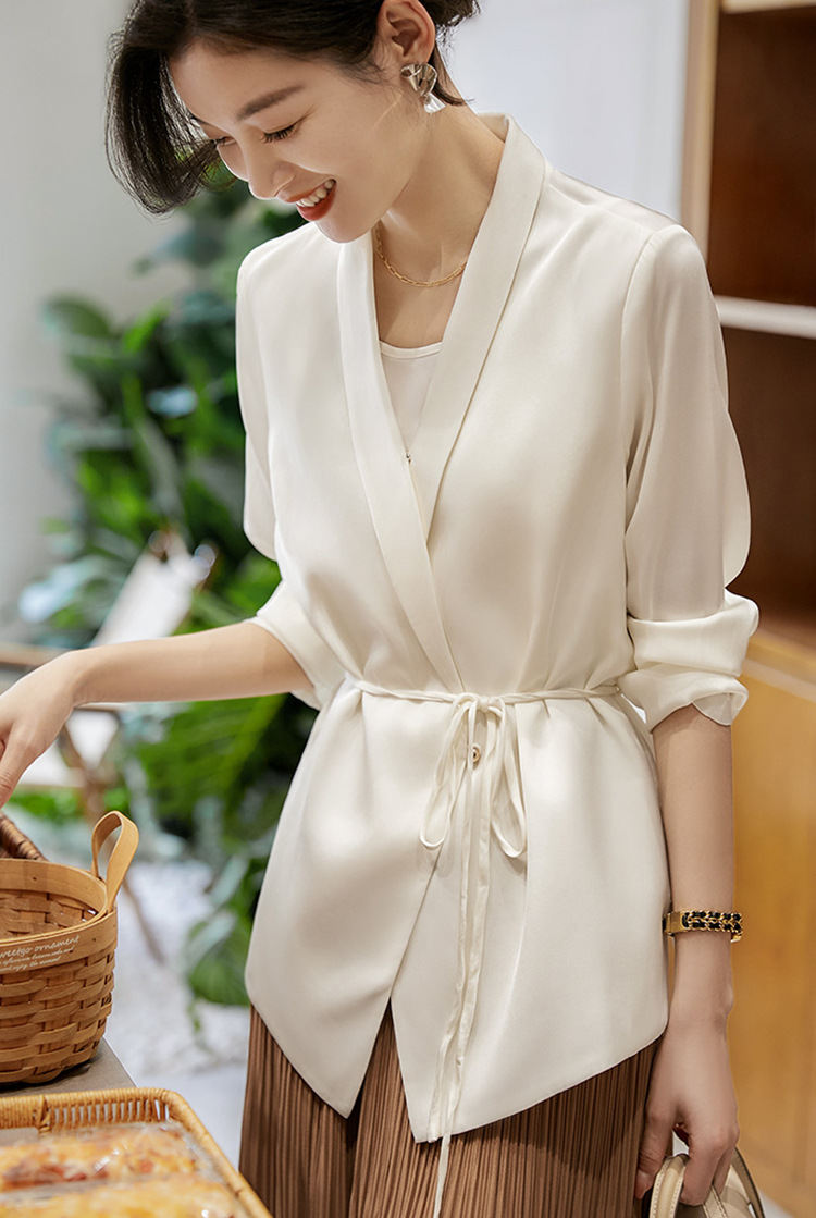 Áo sơ mi blazer satin Pháp dáng rộng tay dài đa năng — đen chi tiết 2