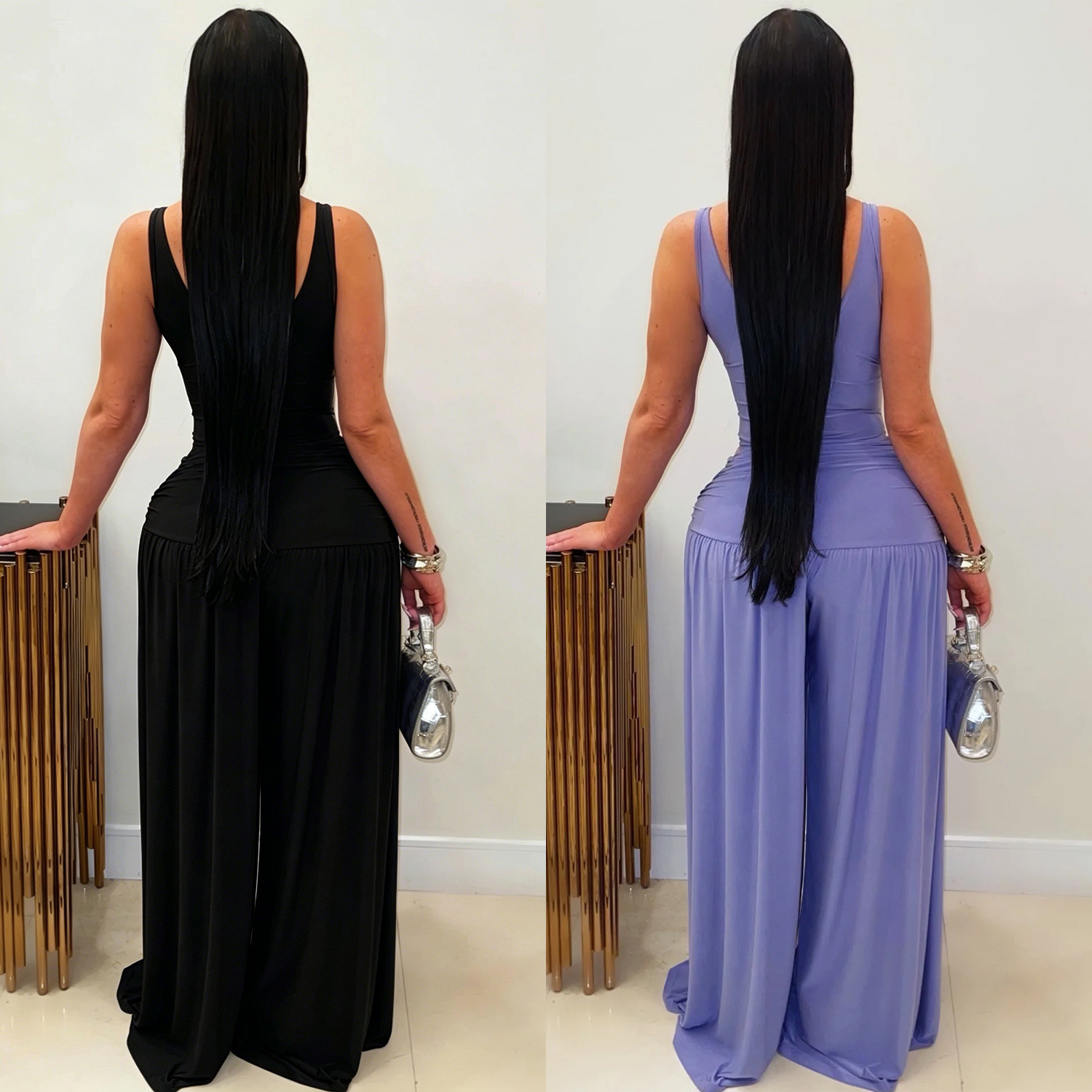 C7779 transfronterizo 2026 nueva ropa de mujer de color sólido U cuello de cintura alta delgada pantalones de piernas anchas sexy hot-girl plantares casuales