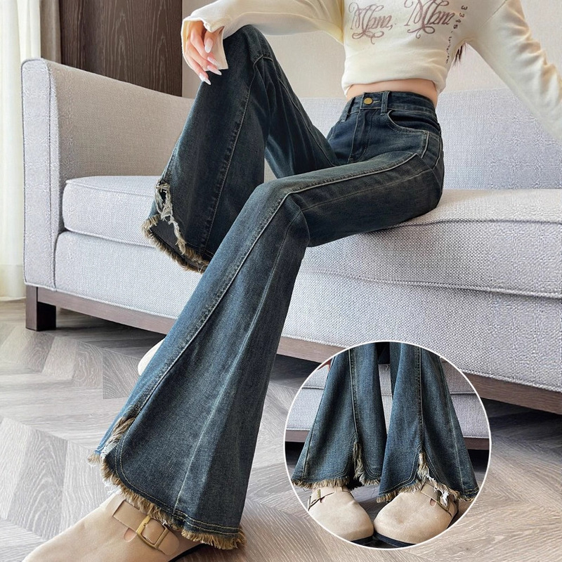 Vintage Split Fringe Flared Jeans for Women 2025 Autumn Patchwork Pear-Shaped Body Retro Bootcut Pants Vintage Split Fringe Flared Jeans for Women 2025 Autumn Patchwork Pear-Shaped Body Retro Bootcut Pants