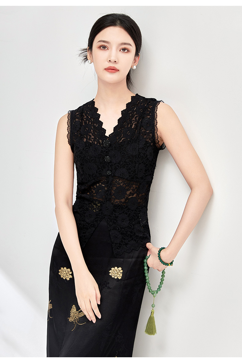 Áo hai dây ren cổ chữ V co giãn đa năng mặc trong hoặc ngoài mùa hè — Màu đen chi tiết 10