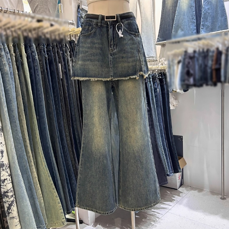 2025 Popular Early Autumn New Design High-Waisted Raw Edge Skirt Splicing Micro-Flared Fake Two-Piece Denim Pants for Women