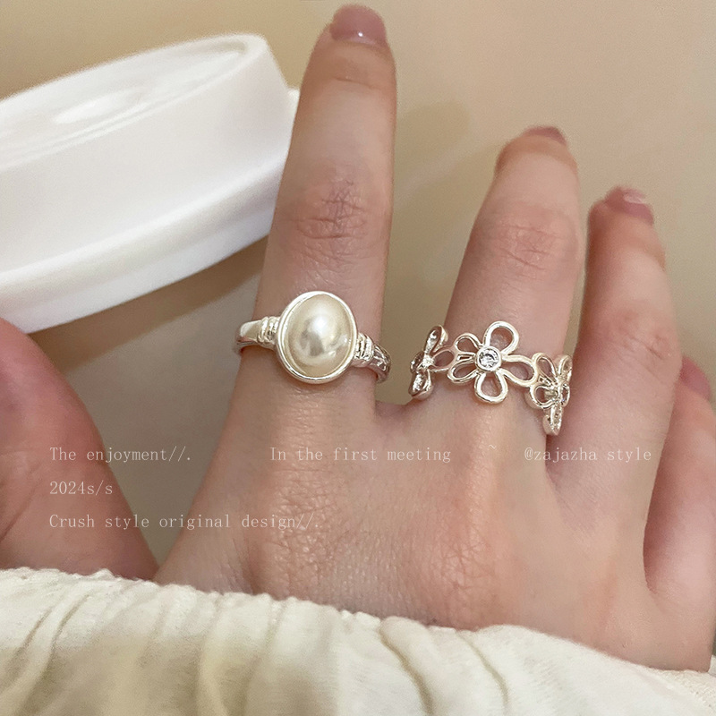 Pearl Flower Opening Ring Women's Light Luxury High-end Sense Exaggerated Girls' Finger Ring Cold Style Niche Design Ring