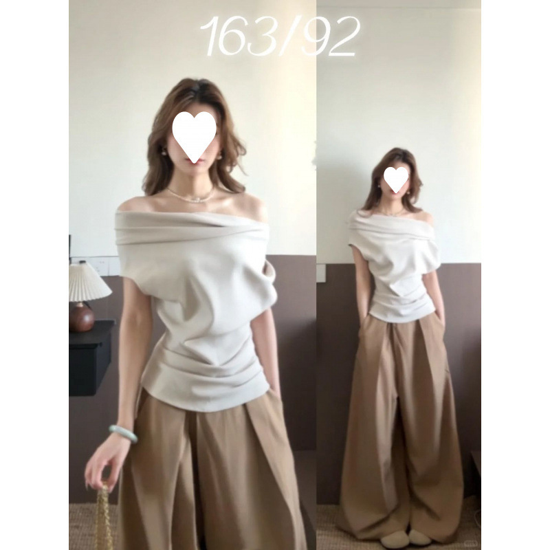套装女2025夏新款韩系辣妹斜肩收腰显瘦T恤上衣高腰阔腿裤两件套|undefined