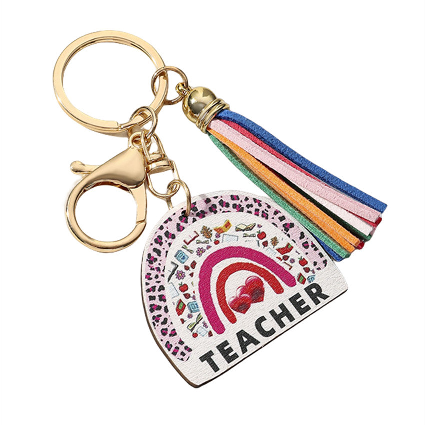 20g Weight Keychain Classification 1 Piece Quantity School, Graduation Occasion Wood Material Teachers' Day Festival Letter, Rainbow, Tassel Pattern Unisex Gender Modern Style Style Modern Style Letter Rainbow Tassel Wood Teachers' Day Unisex Keychain 4