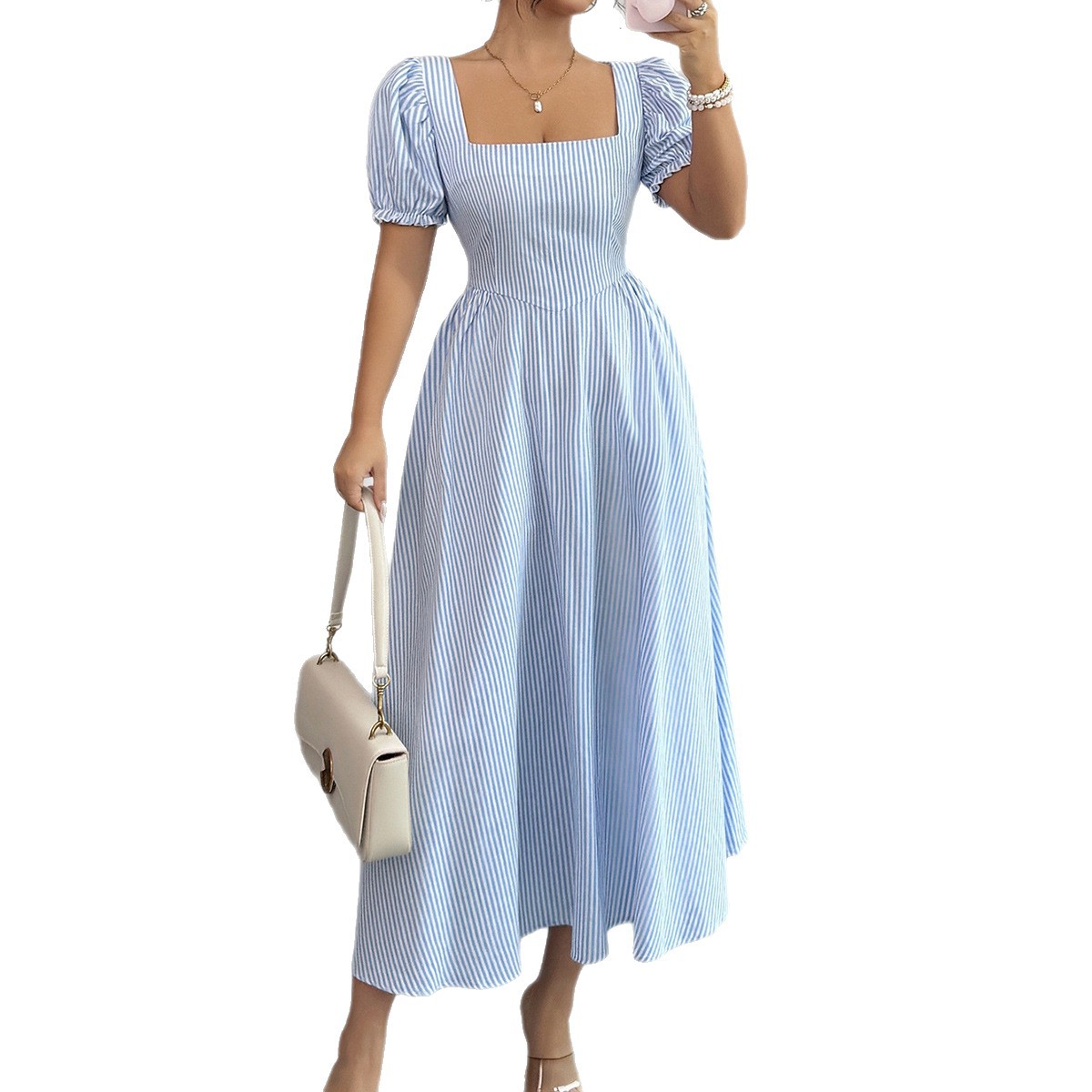 Elegant Blue White Striped Dress Puff Sleeves Women's Spring Summer_ecoleips.com