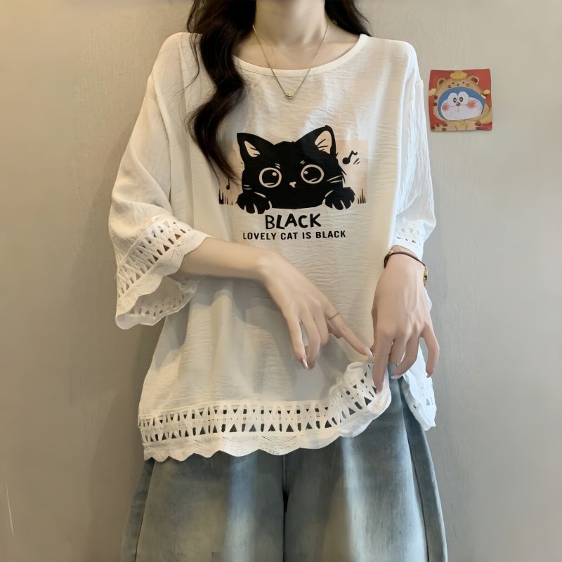 Summer New Style American Retro Printed Patchwork Lace Hollow-Out Tummy-Concealing Slimming Loose Printed T-Shirt Short-Sleeve Top
