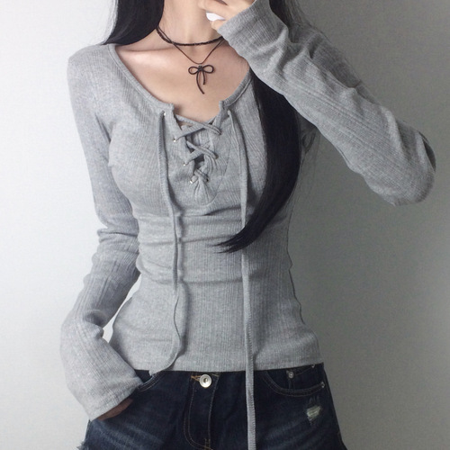Korean pure desire style strap corns cord design long-sleeved T-shirt simple all-matching casual atmosphere basic top
