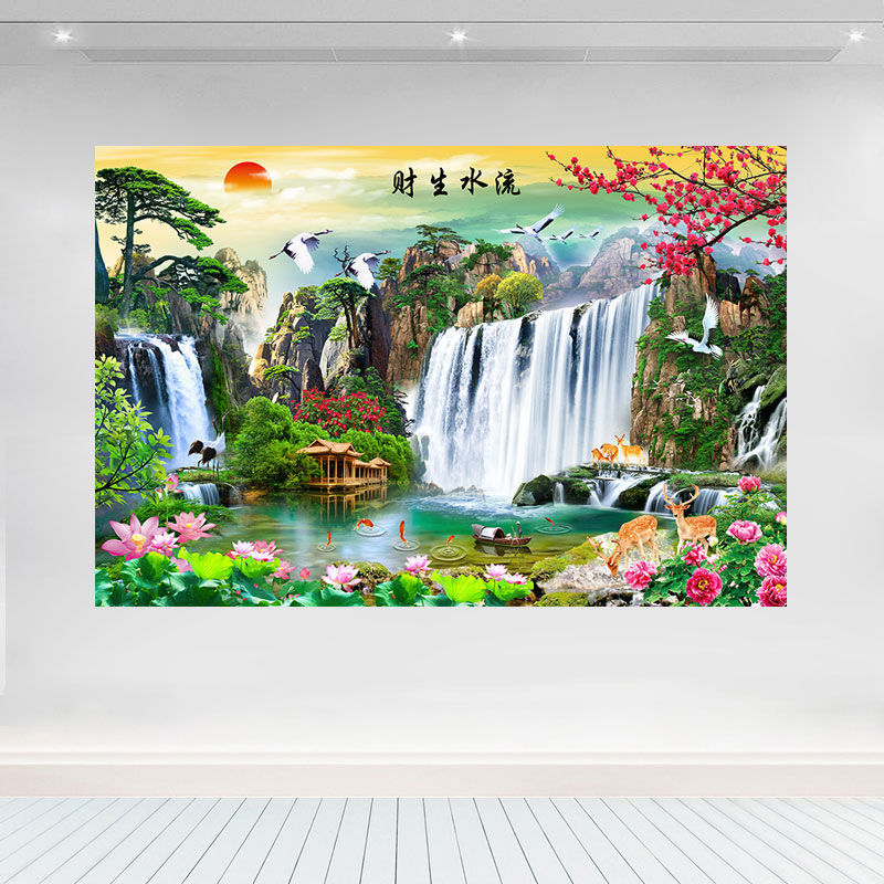流水生財風景ポスター山水画壁貼りリビング装飾壁掛け絵テレビ背景壁自己貼り付け絵|undefined