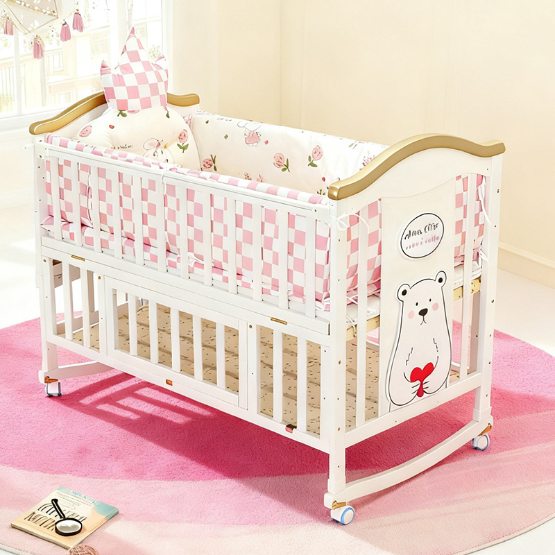 ✅ Multifunctional Baby Crib Bb Baby Bed Solid Wood Eco-Friendly Paint Rocking Bed Newborn Removable Children's Splicing Large Bed