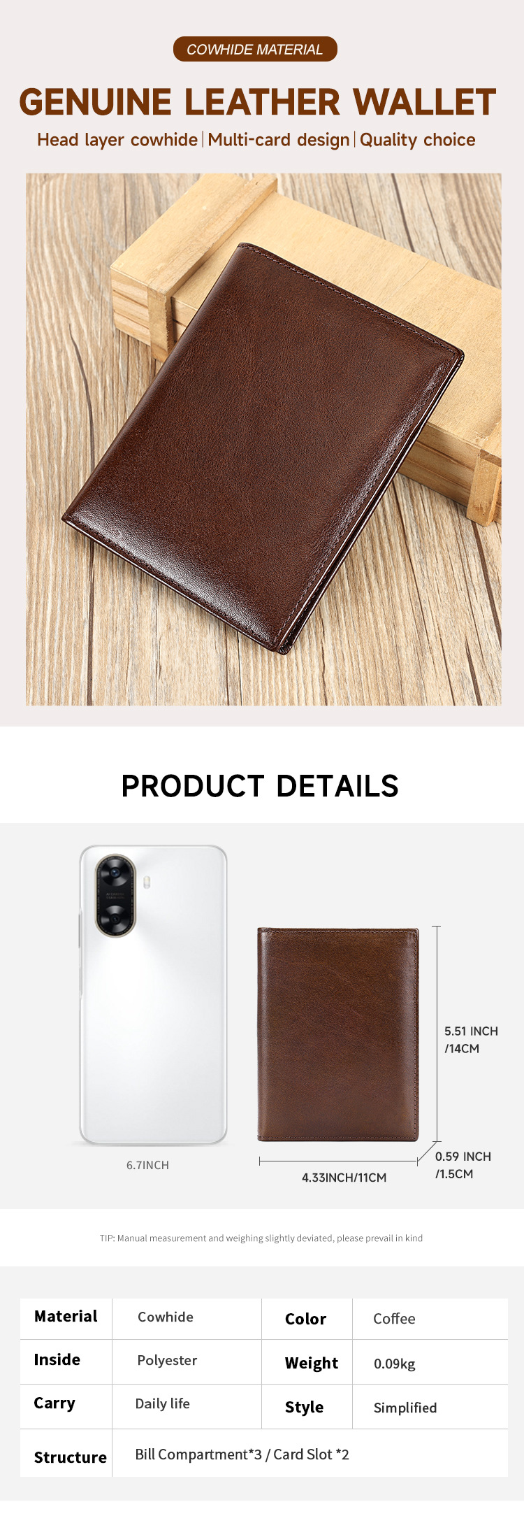 Ví da thật đựng hộ chiếu chống trộm RFID nhiều khe thẻ cầm tay mỏng — Cà phê dầu chi tiết 1