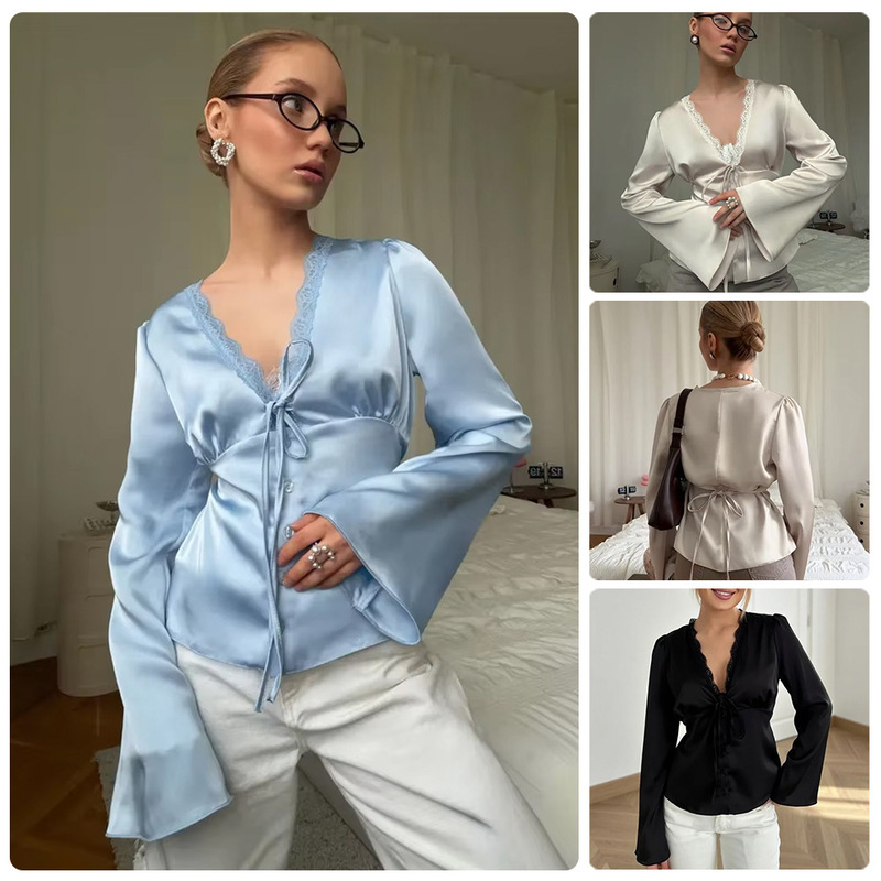 Lace V-neck waist-cinching long-sleeve shirt with wavy eyelash lace, deep V front with drawstring tie, suitable for commuting Lace V-neck waist-cinching long-sleeve shirt with wavy eyelash lace, deep V front with drawstring tie, suitable for commuting