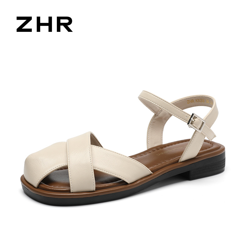 Sandal nữ quai ngang kiểu La Mã phong cách Pháp, mũi hở bán bít, đế bằng thoáng khí — KN38 màu be