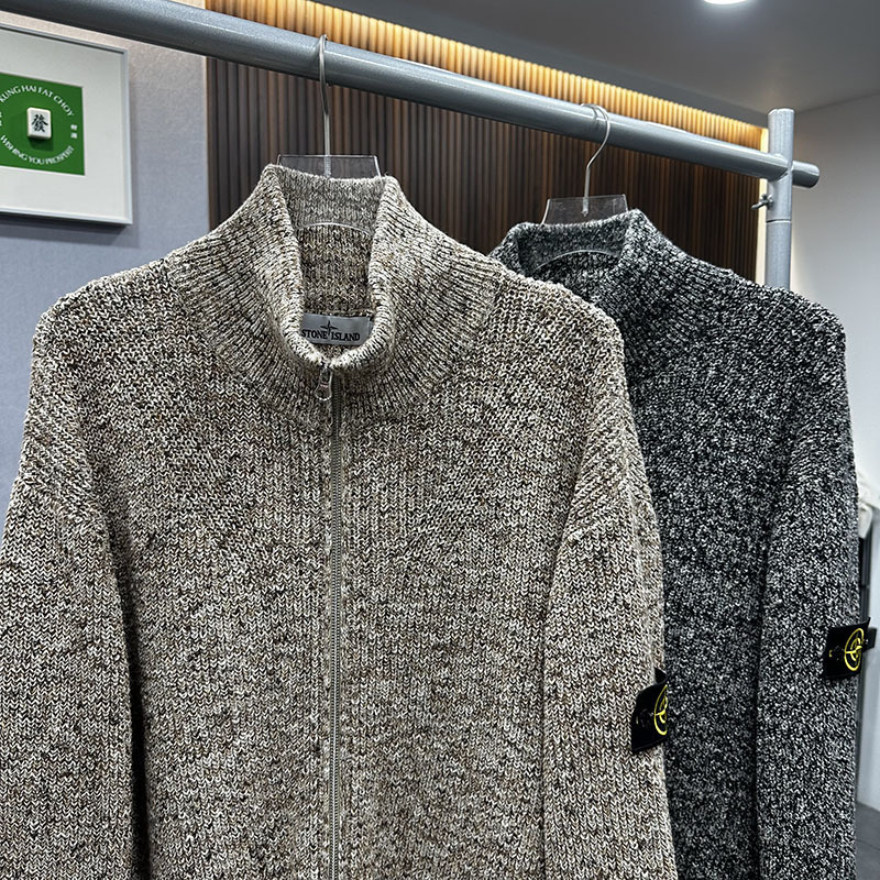 Cross-border Stone Coral Sea cardigan, gray, classic Chanel-style, island cotton blend, full-zip, stand-up collar, knitted cardigan Cross-border Stone Coral Sea cardigan, gray, classic Chanel-style, island cotton blend, full-zip, stand-up collar, knitted cardigan