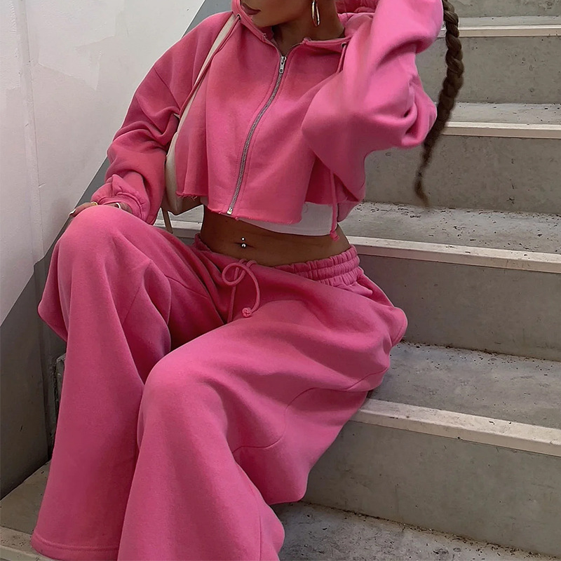 Vêtements pour femmes automne femmes décontracté à capuche devant zip pull jambe large pantalon ample costume_voghion.com