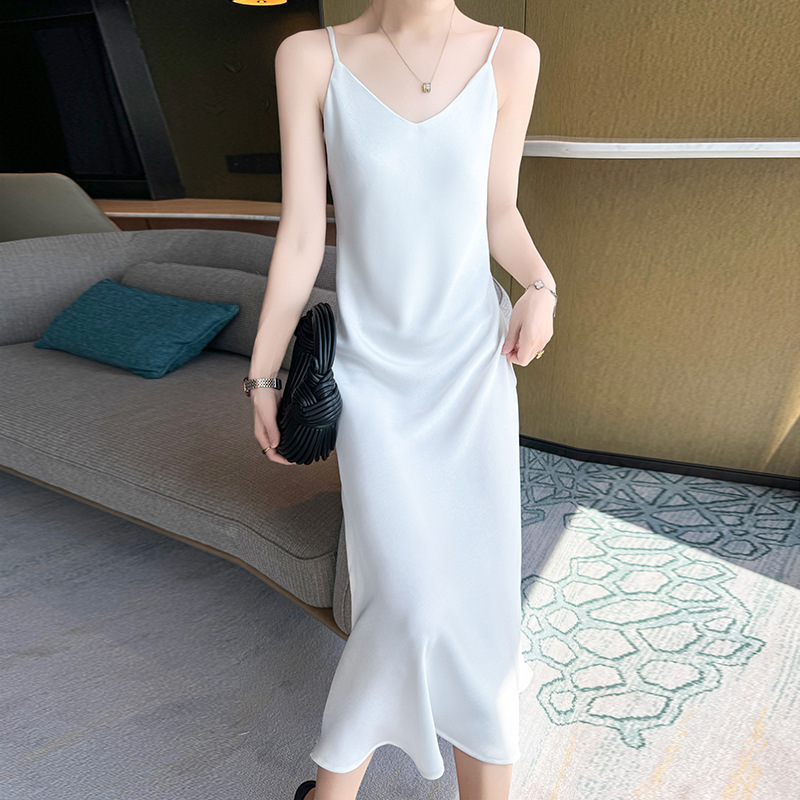2026 New Style Women's Long Dress with Built-In Suit, Slimming Acetate Slip Dress, Fitted Pearl Satin Camisole Dress