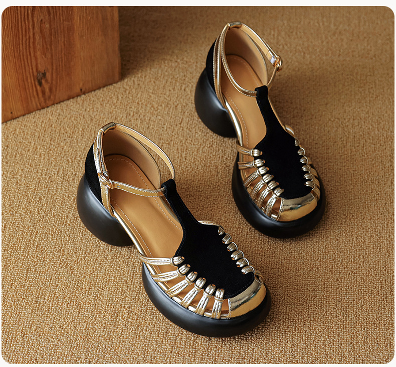 Sandal nữ quai ngang dệt mảnh da lộn, gót vuông ổn định, đế dày ghép màu — Màu đen chi tiết 22