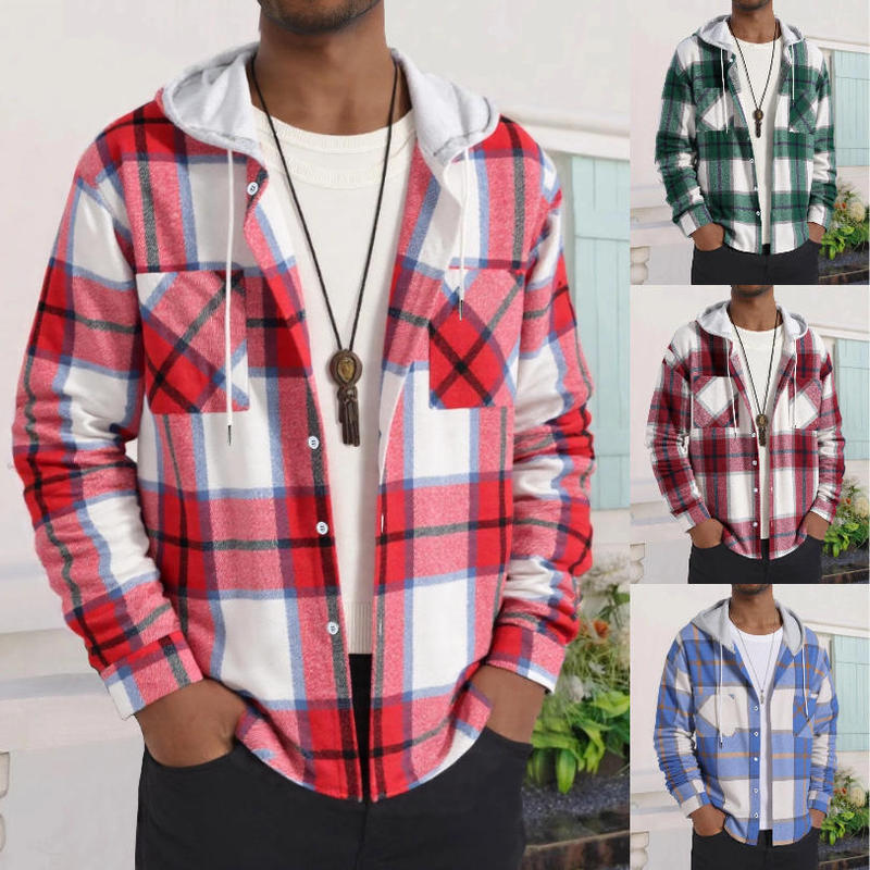 Cross-Border European and American Men's Autumn and Winter New Plaid Jacket Shirt Double Pocket Jacket Casual Jacket Flannel Plaid