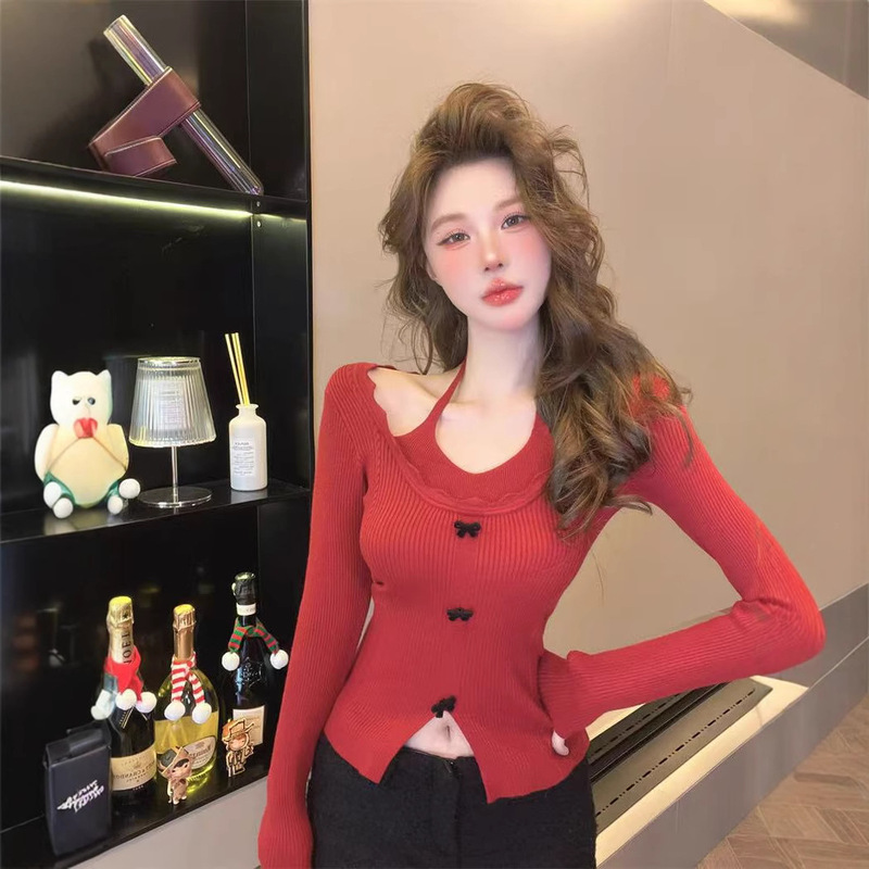 Pure Desire Hot Girl One-Shoulder Halter Top Women's Autumn and Winter Fake Two-Piece Knitted Bottoming Shirt with Christmas Red Sweater Pure Desire Hot Girl One-Shoulder Halter Top Women's Autumn and Winter Fake Two-Piece Knitted Bottoming Shirt with Christmas Red Sweater