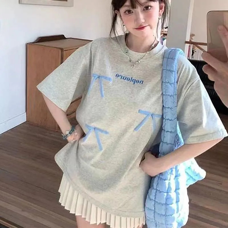 White and Gray Bow Print Pure Cotton Short-Sleeved T-Shirt for Women 2026 New Summer Unique Age-Reducing Student Top Trendy