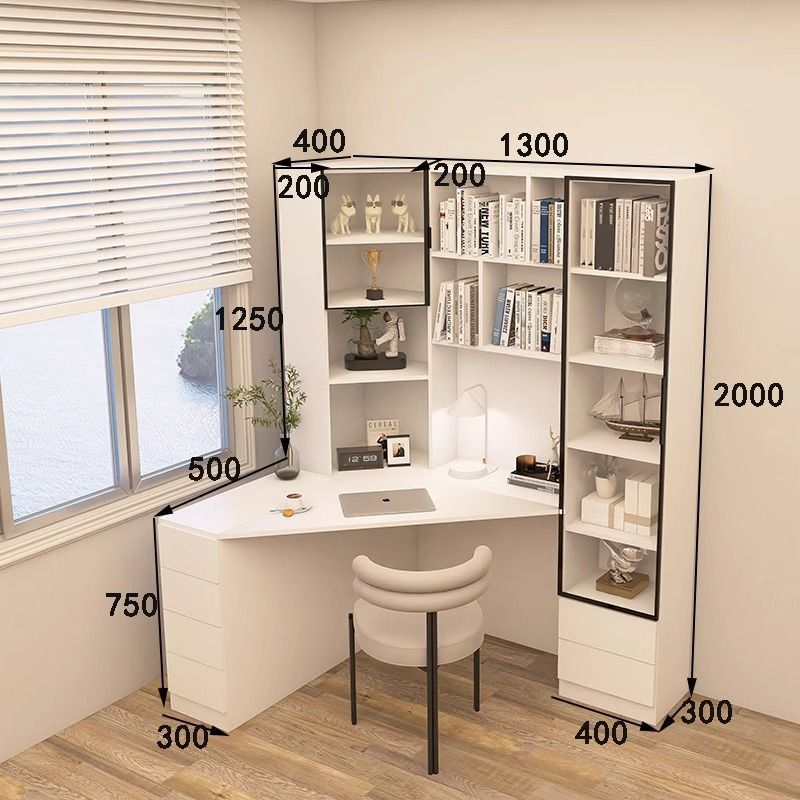 Home Computer Desk, Makeup Table, Dressing Table, Integrated Corner Student Bedroom Wall Triangular Desk with Bookshelf