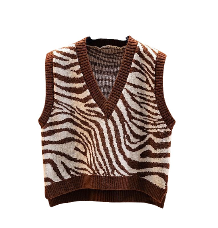 Pullover neue gestrickte Leopardenmuster V-Ausschnitt kurze ärmellose Top Damen Weste_voghion.com