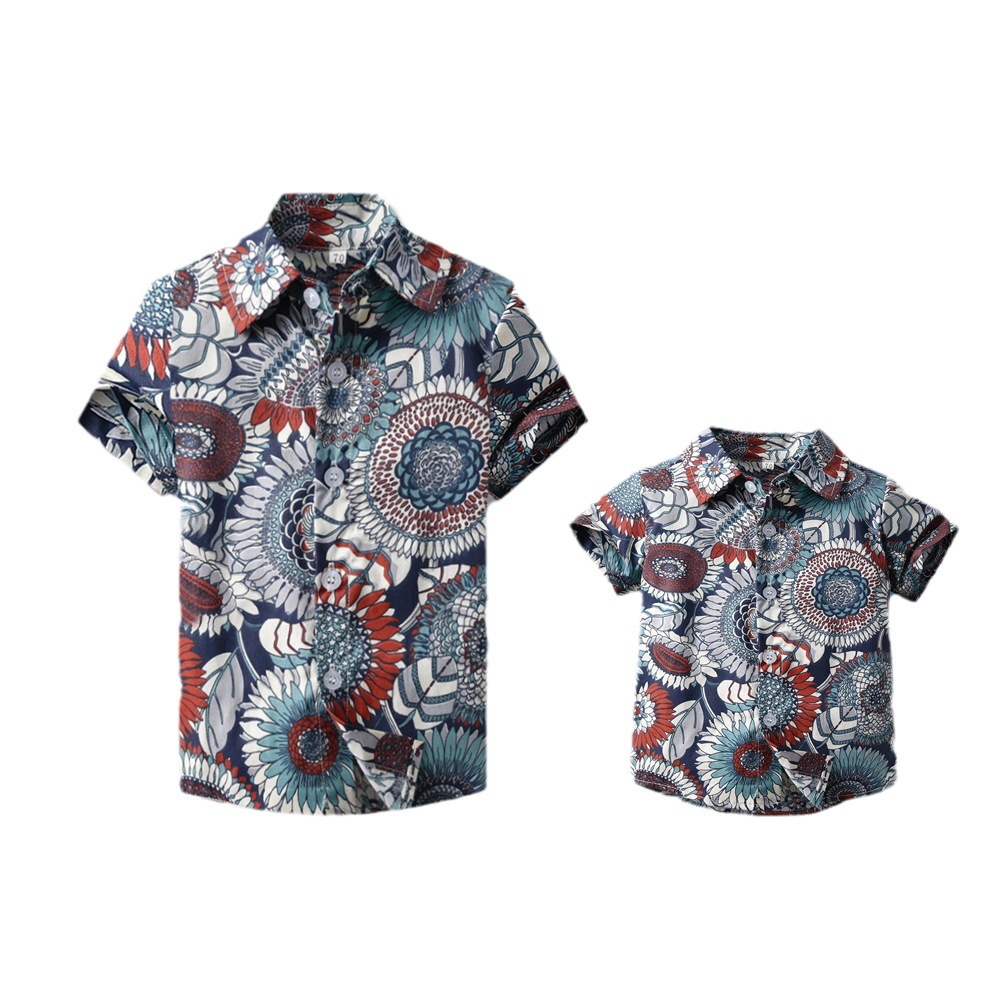 Ropa de verano para padres e hijos, estilo de vacaciones, solapa de manga corta, camisa fina informal, comercio exterior, ropa familiar hawaiana al por mayor