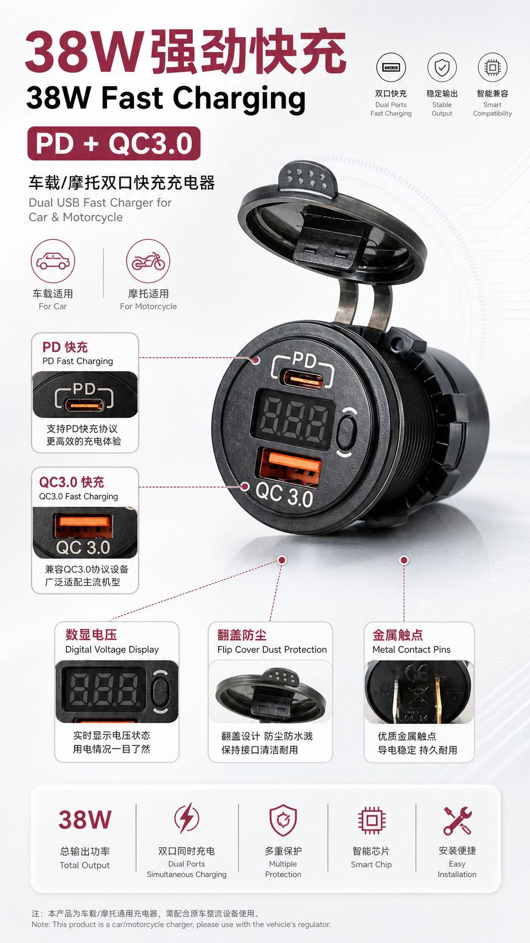 38W Car Charger Pd+Qc3.0 Fast Charging Charger with Digital Display USB Charging Accessories for Cars and Motorcycles