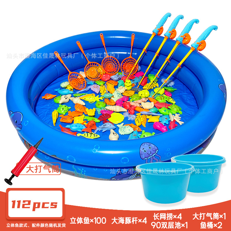 112개 세트(물고기 100개 + 돌고래 막대 4개 + 긴 그물 낚시 4개 + 더블 레이어 풀 90개 + 대형 펌프 1개 + 물통 2개)