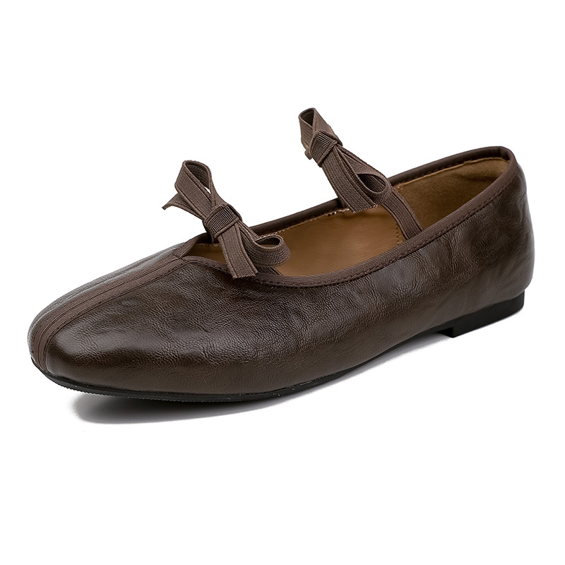 Soft Leather Version~ Square Toe Retro Bow Mary Jane Shoes For Women, Slip-On Low Heel French Ballet Style Flats_vogvips.com