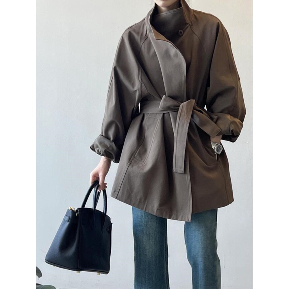 Mid-Length Stand Collar New Trench Coat for Women 2025 Spring and Autumn New Petite Korean Style New Japanese Casual