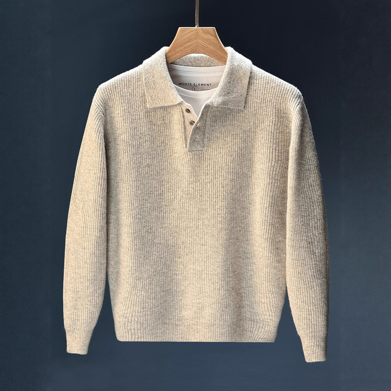 2025 Autumn and Winter Pure Color Cashmere Thickeneded Ingot Needle Two-Button Polo Shirt High-End Knitted Cashmere Sweater Cable