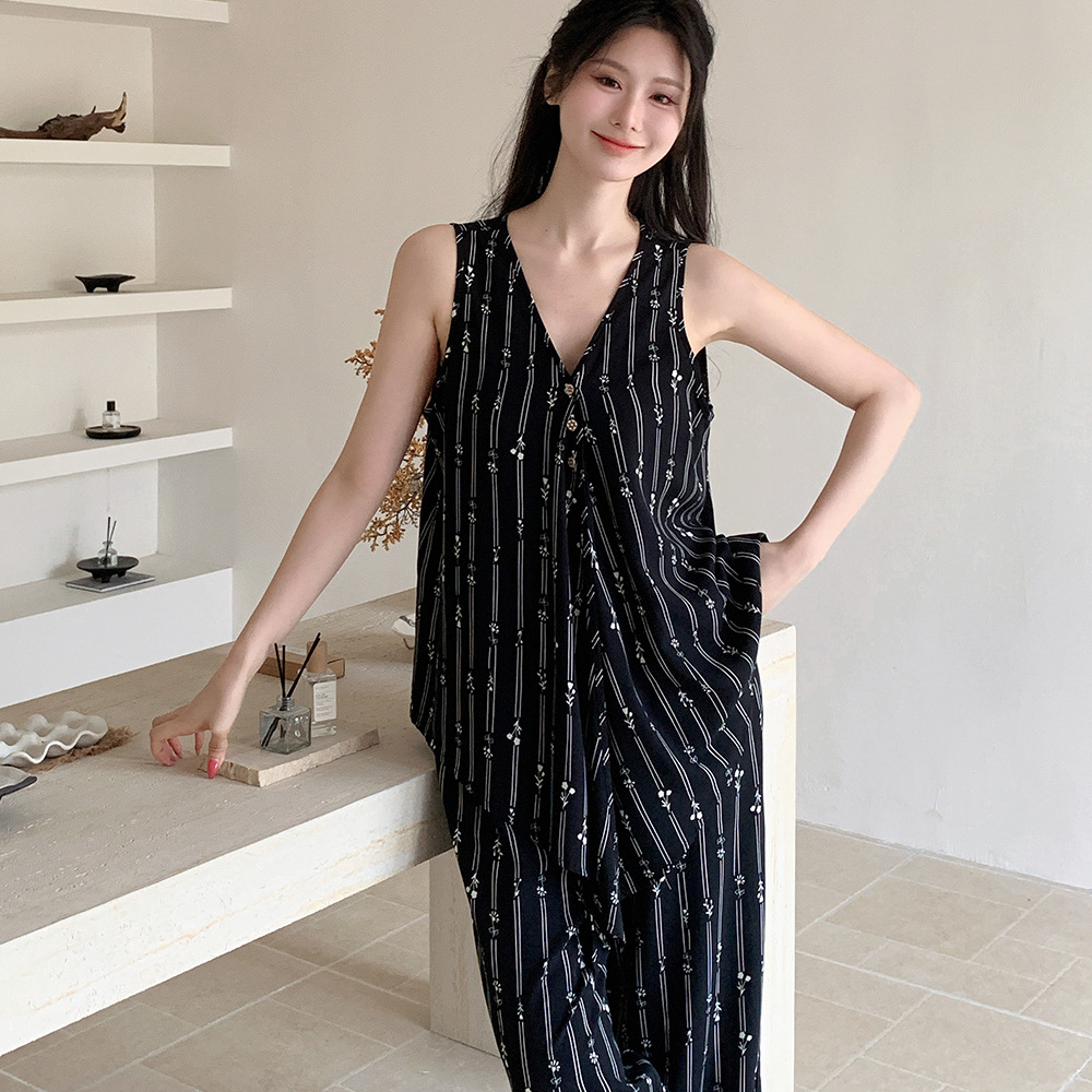 老钱风莱赛尔棉绸睡衣女夏季薄款条纹印花背心西装式家居服可外穿