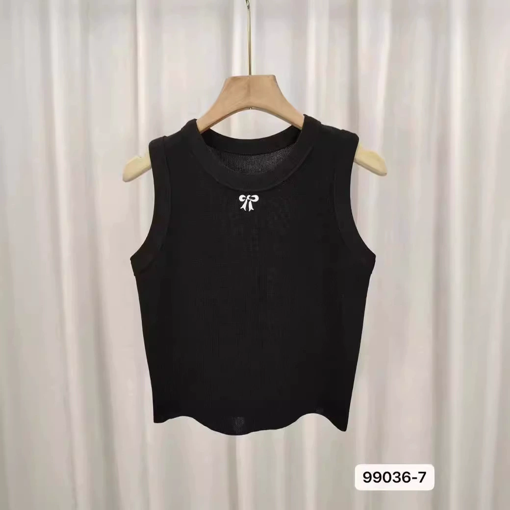 Short sleeveless summer vest, bow embroidery, fashionable cropped design, one size