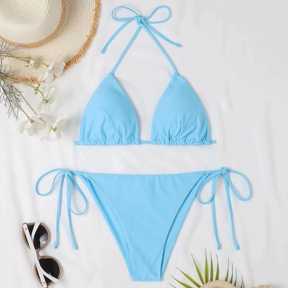 Women's Nylon Bikini Set, Split Top with Cups, Backless Tie, Sizes XS–XL