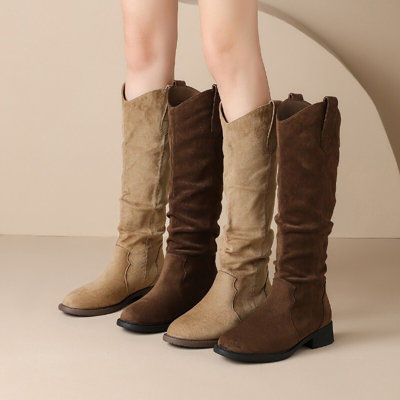 Zhr Fleece-Lined Warm Retro Slouch Boots Long Boots Chunky Heel 2025 Winter New Melad Slim Boots