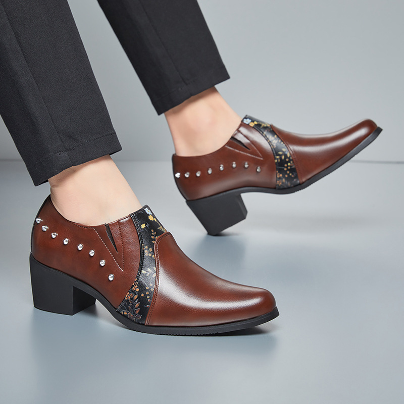 Cross-Border Large Size Men's High-Heeled Rivet Cuban Shoes Formal Business Casual Shoes Pointed Leather Shoes Retro Height-Increasing Men's Shoes