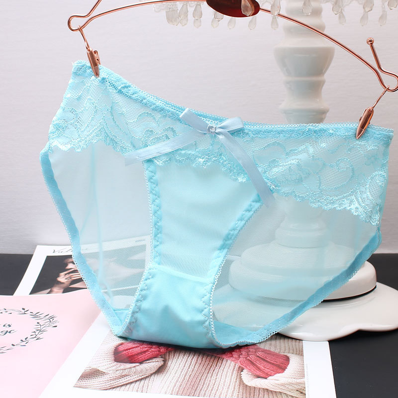 Underwear Women's Transparent Lace Bow Sexy Temptation Foreign Trade Perspective Seamless Low Waist Solid Color Mesh Trip