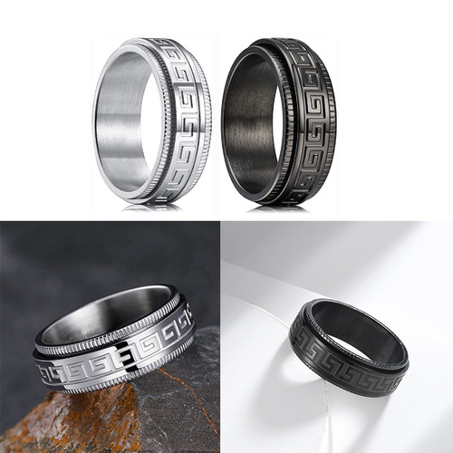 Amazon cross-border new titanium steel embossed Great Wall pattern rotating ring retro ethnic style jewelry manufacturer batch