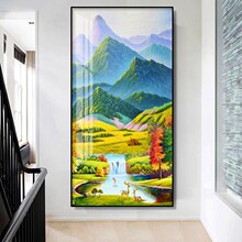 巨人山入户玄关装饰画背有靠山走廊过道墙面挂画竖版招财山水壁画