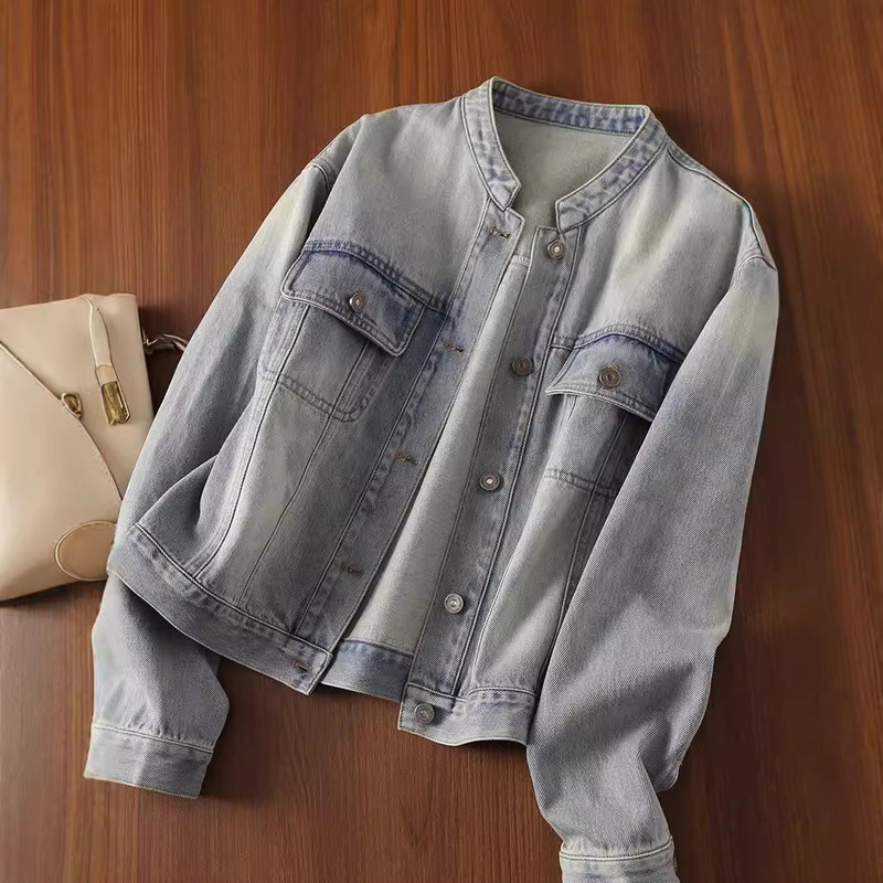 2025 Spring and Autumn New American Retro Loose Casual Light Color Round Neck Jacket Denim Short Jacket Women